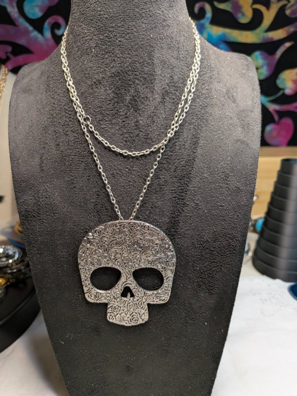 Silver Tone Floral Sugar Skull Statement Necklace
